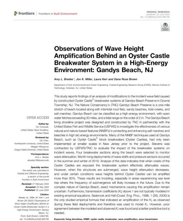 Observations of Wave Height Amplification Behind an Oyster Castle Breakwater System in a High-Energy Environment: Gandys Beach, NJ report