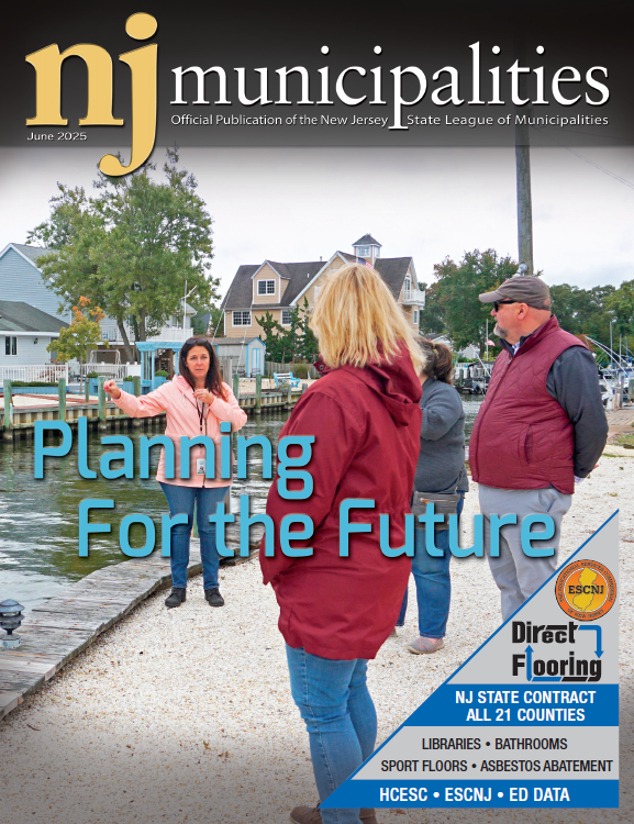 Cover of NJ Municipalities Magazine featuring an image of ‎4 people near a waterfront with a headline that reads, "Planning for the Future."