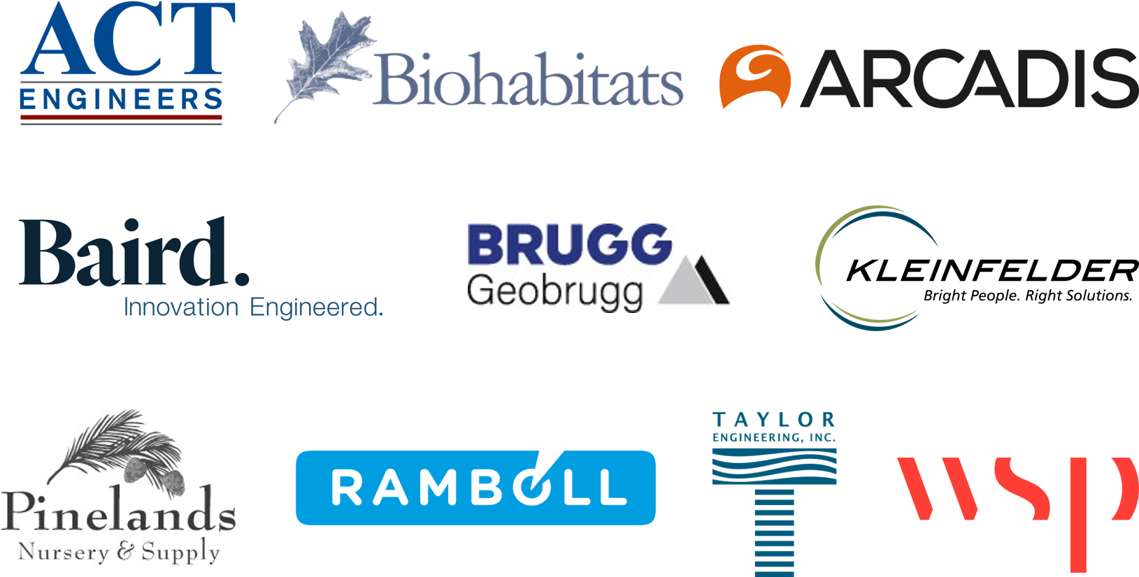 Logos for ACT Engineers, Arcadis, Biohabitats, Baird, Brugg Geobrugg, Kleinfelder, Pinelands Nursery & Supply, Ramboll, and Taylor Engineering, and WSP